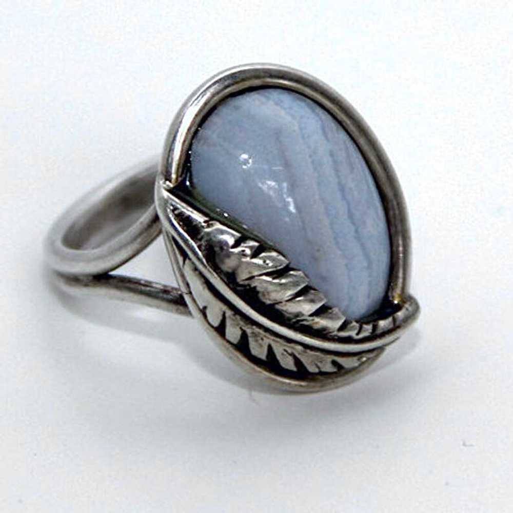 VINTAGE Sterling Silver Ring Western‎ Boho feather oval Blue Lace Agate